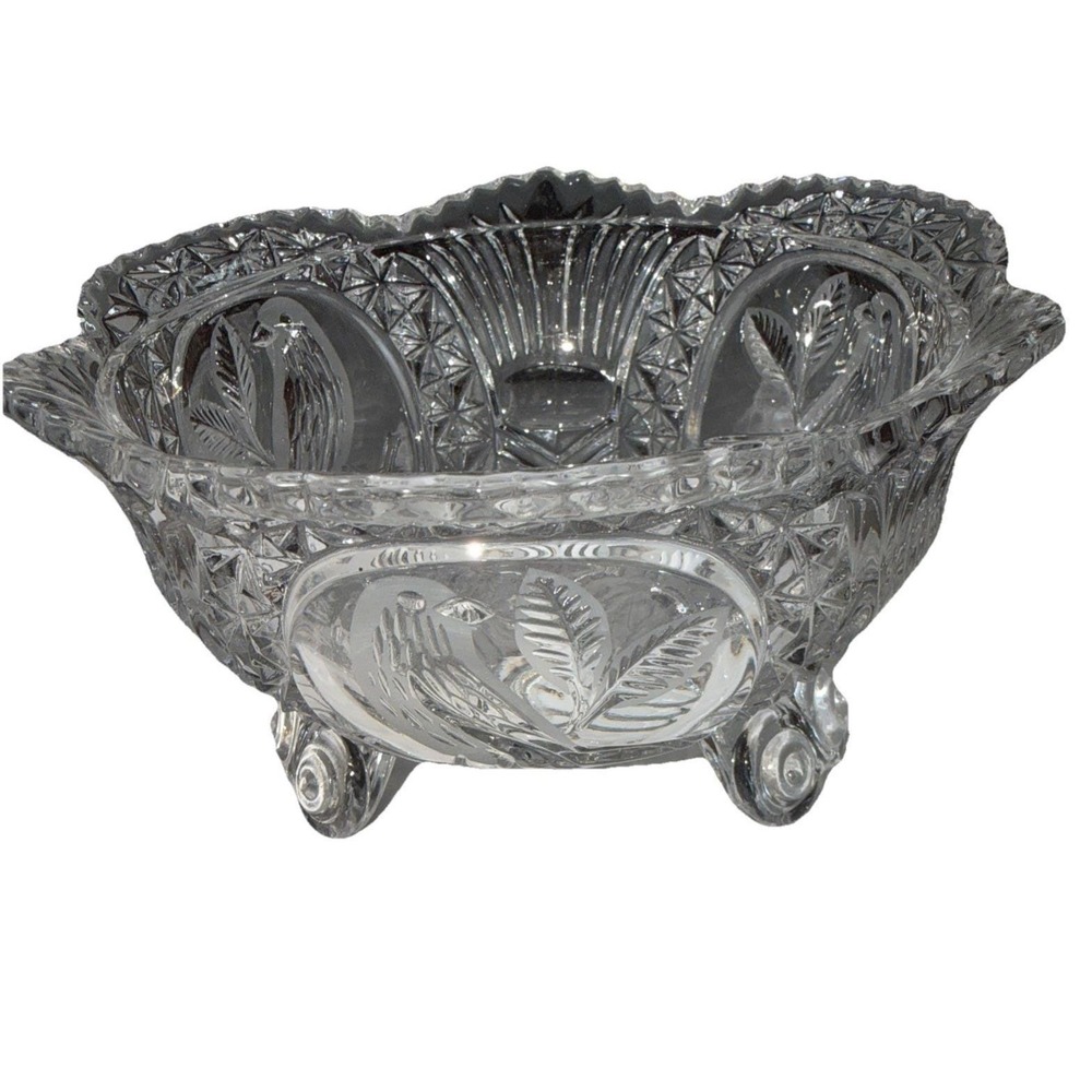 Hofbauer Byrdes 24% Lead Crystal Footed Bowls Pair Etched Birds Germany 7.5" VTG